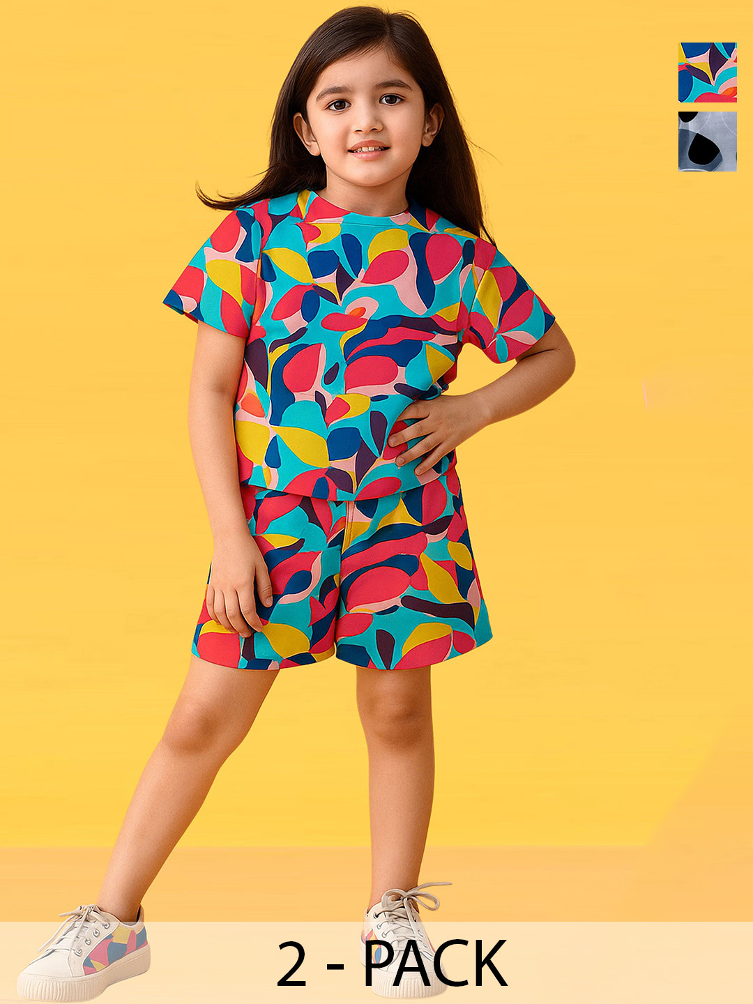 FEBVIBE Girls Pack Of 2 Floral Printed T-shirts With Shorts