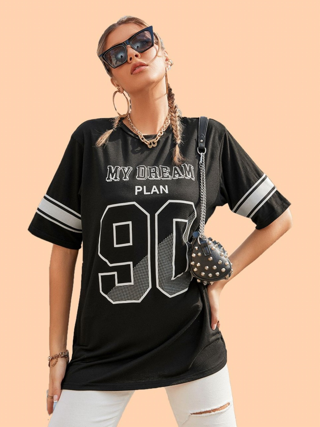 Christy World Typography Printed Round Neck Drop-Shoulder Sleeves Oversized T-shirt