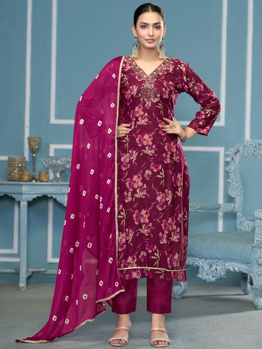 MANVAA Floral Embroidered Beads And Stones Pure Cottonn Unstitched Dress Material