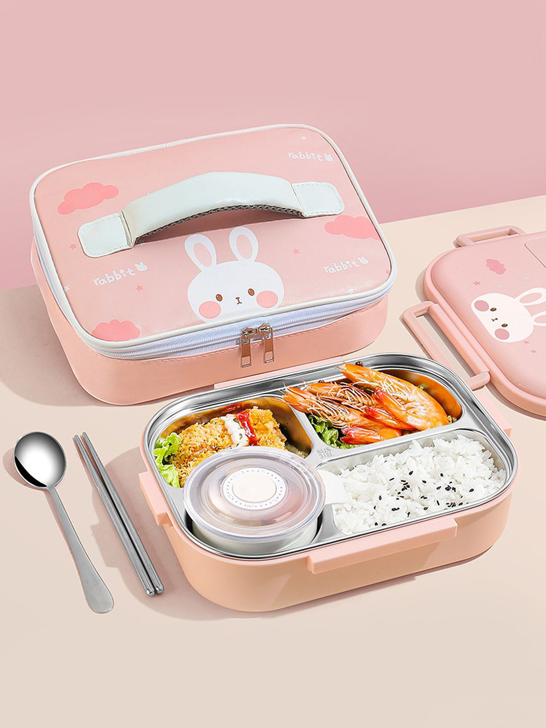 Little Surprise Box LLP Peach-Coloured Clouds Bunny Printed Lunch Box with Lunch Bag