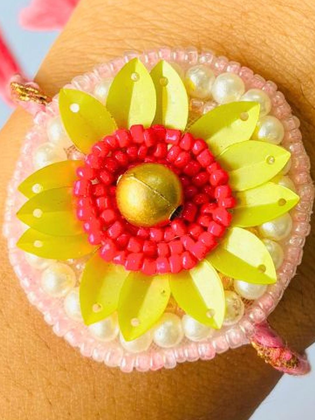 Tipsy closet Unisex Pace Of 1 Pink Tie-Ups Traditional Beaded Floral Rakhi