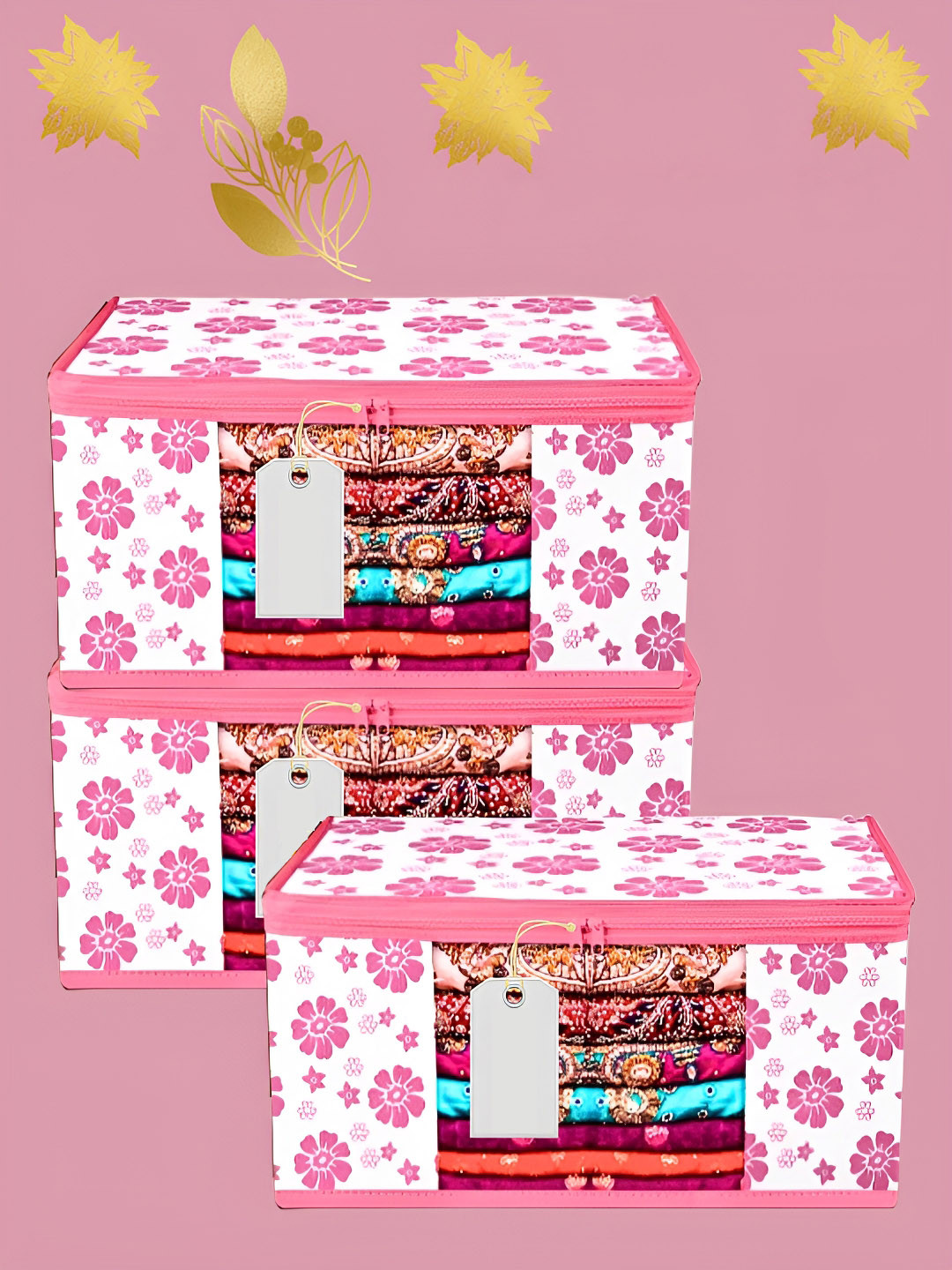 Ajabh Pink & White 3 Pieces Floral Printed Multi-Utility Organisers