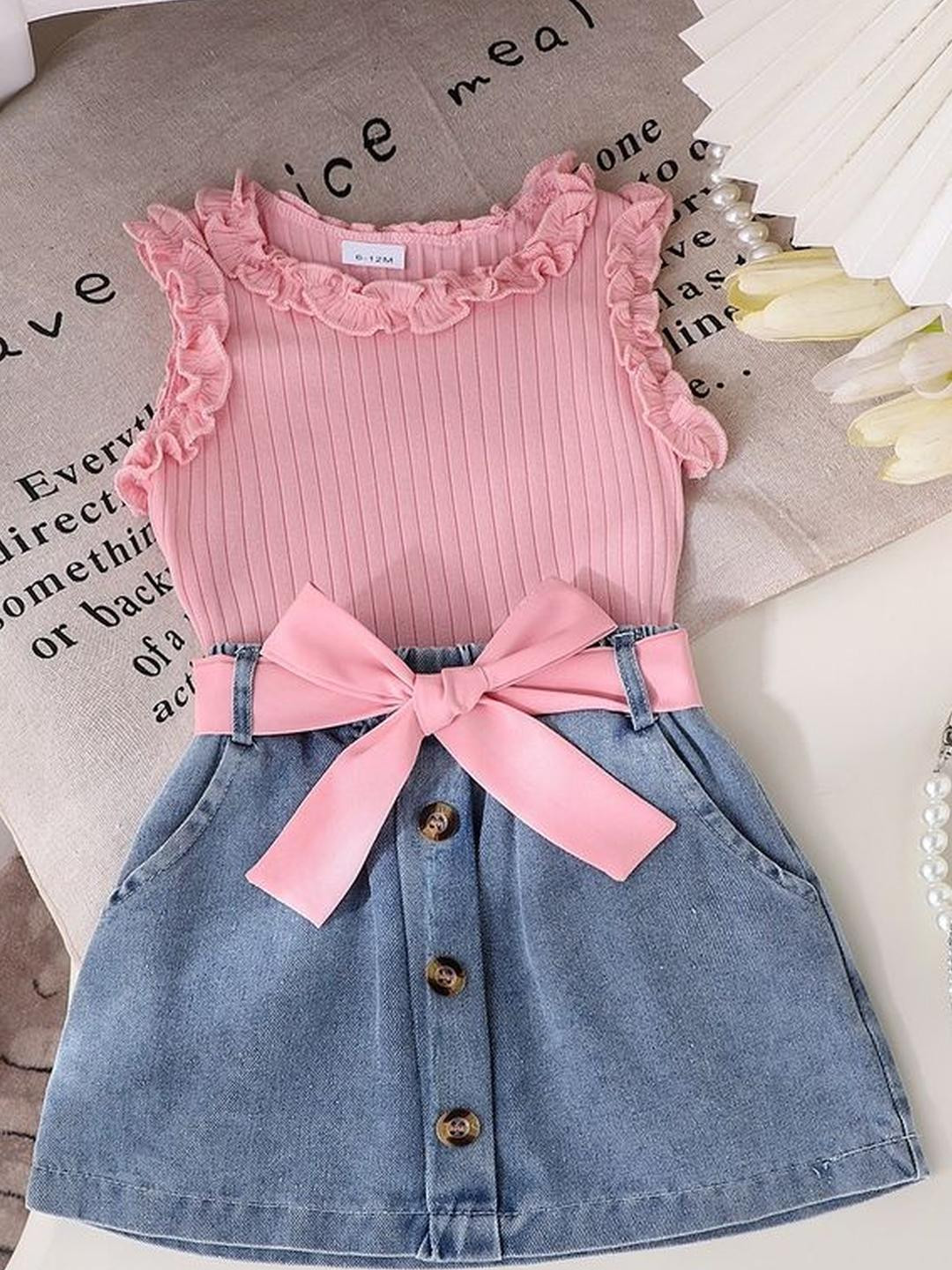 LULU & SKY Girls Striped Pure Cotton Top With Denim Skirt