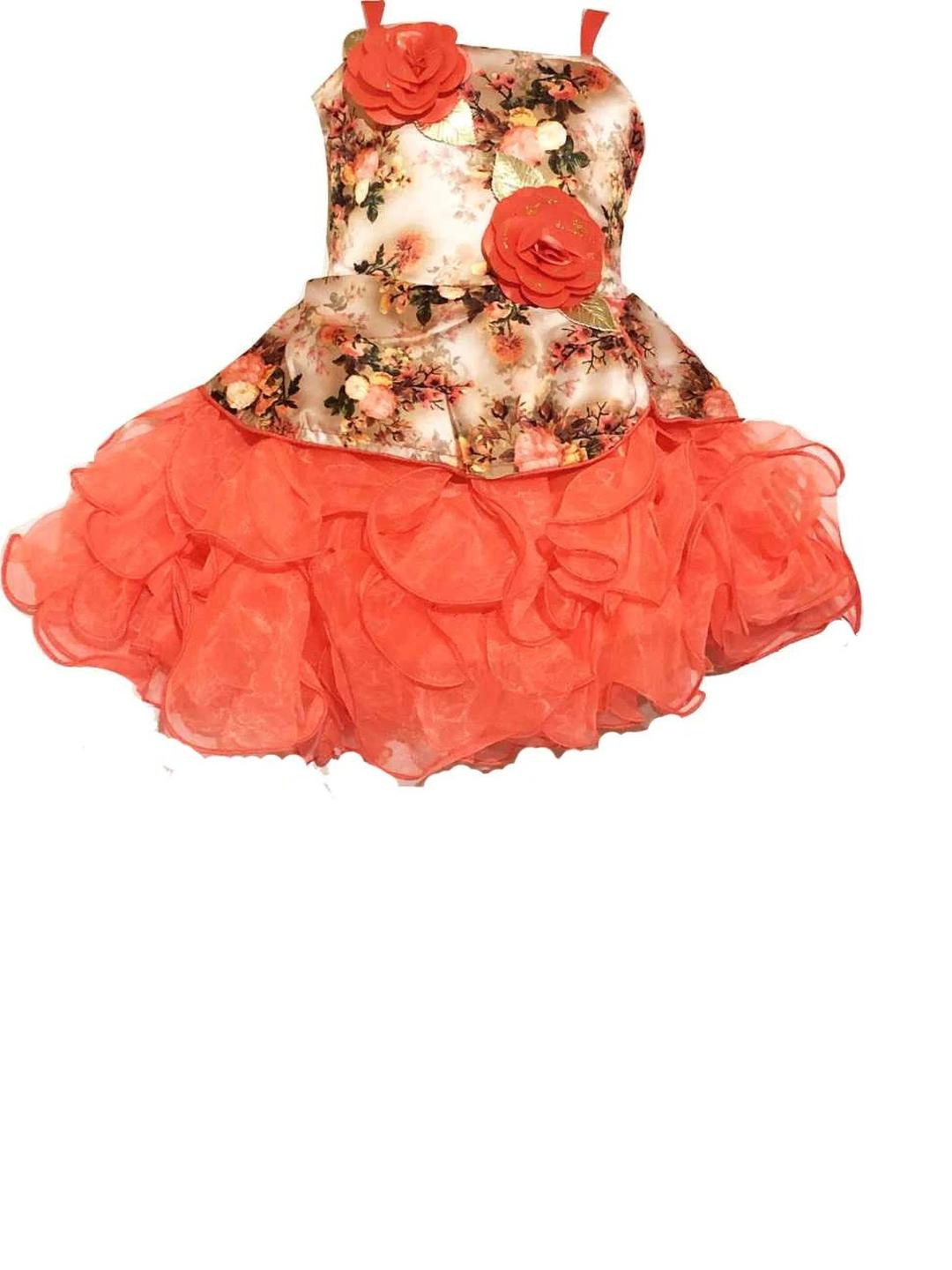 Samjho Fashion Girls Orange Embellished Linen Sleeveless Fit & Flare Midi Dress