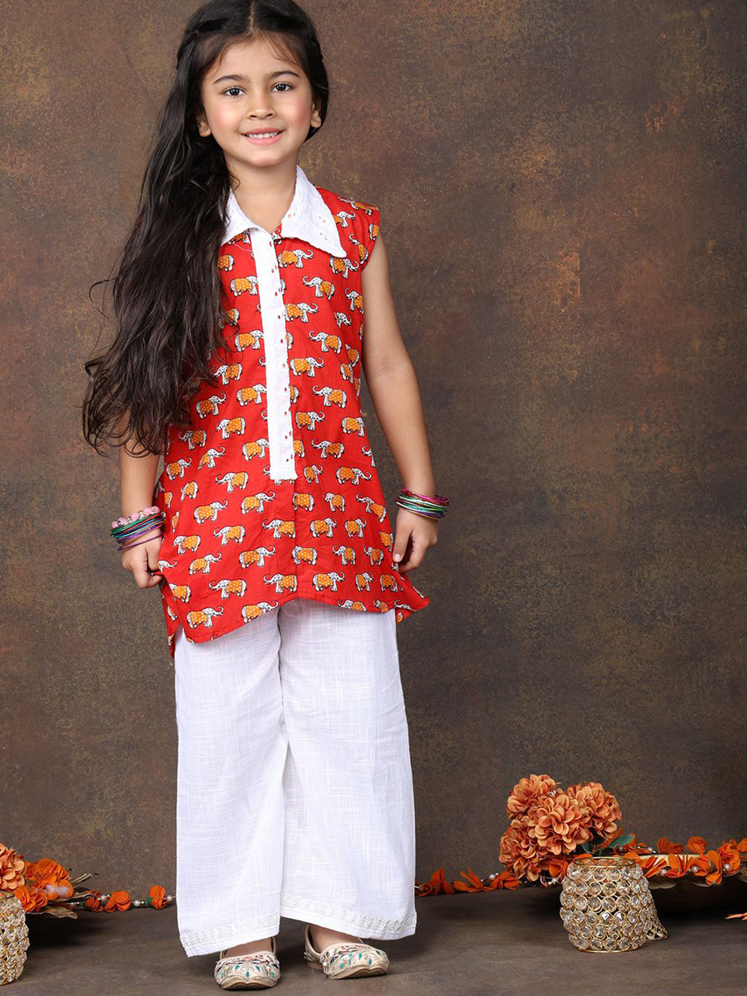 Sangria Girls Elephant Printed Shirt Collar Pure Cotton Kurti & Palazzos