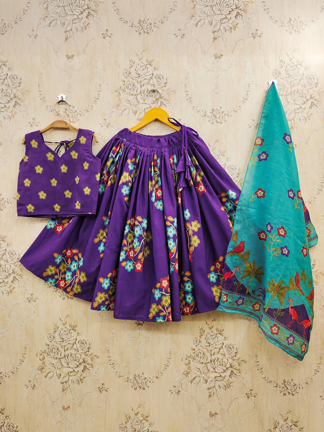 JOVK DESIGN Girls Kalamkari Printed Cotton Ready to Wear Lehenga & Blouse With Dupatta