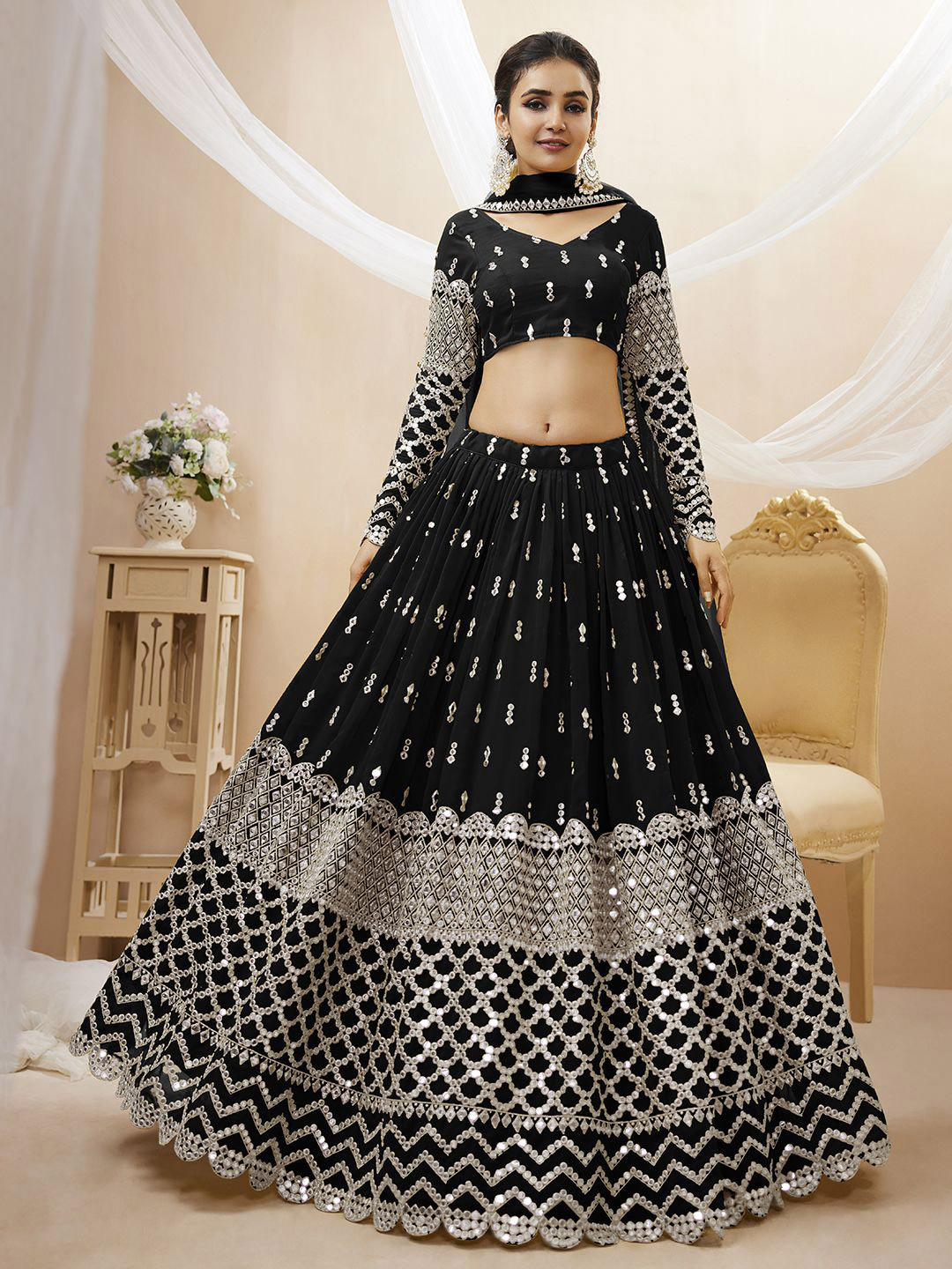 ETHNIC PLUS Embroidered Mirror Work Semi-Stitched Lehenga & Unstitched Blouse With Dupatta