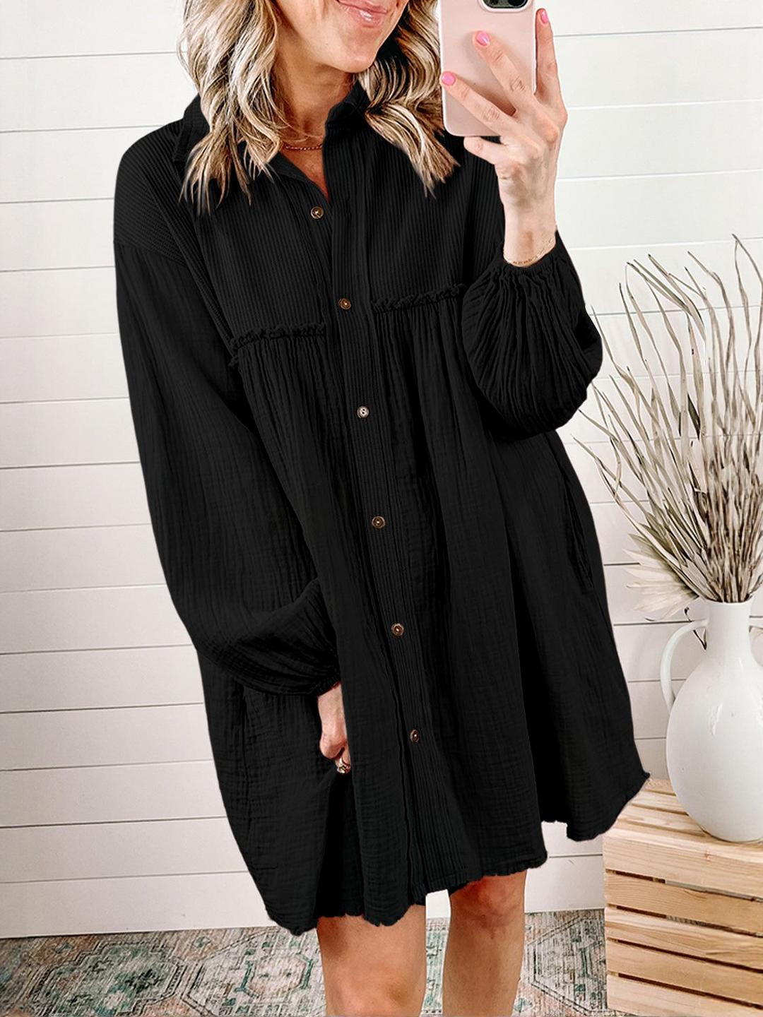 Errabelly Black Patchwork Crinkle Puff Sleeve Shirt Dress