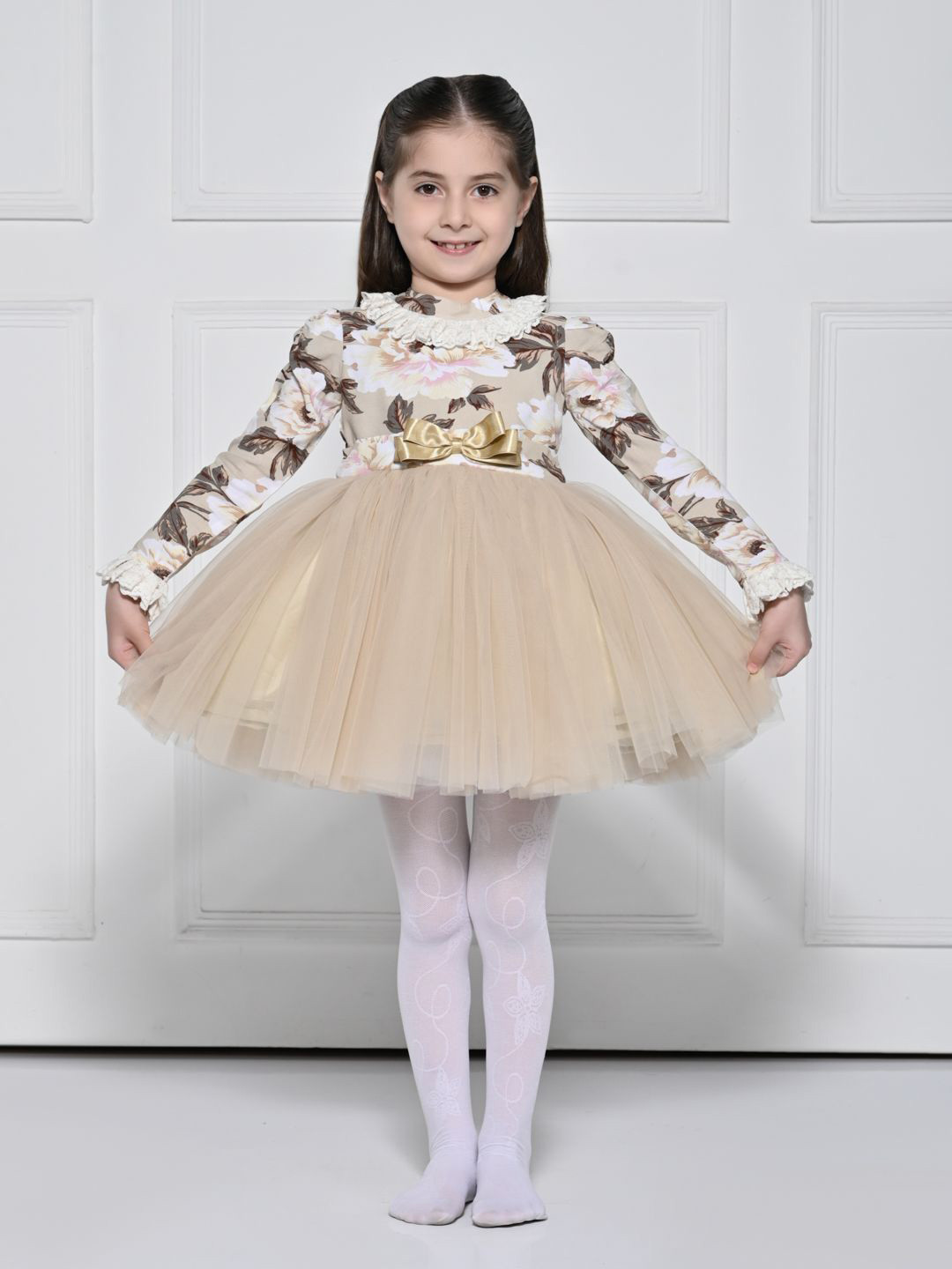 THE PONY & PEONY CO. Girls Floral Print Round Neck Long Sleeves Fit & Flare Dress