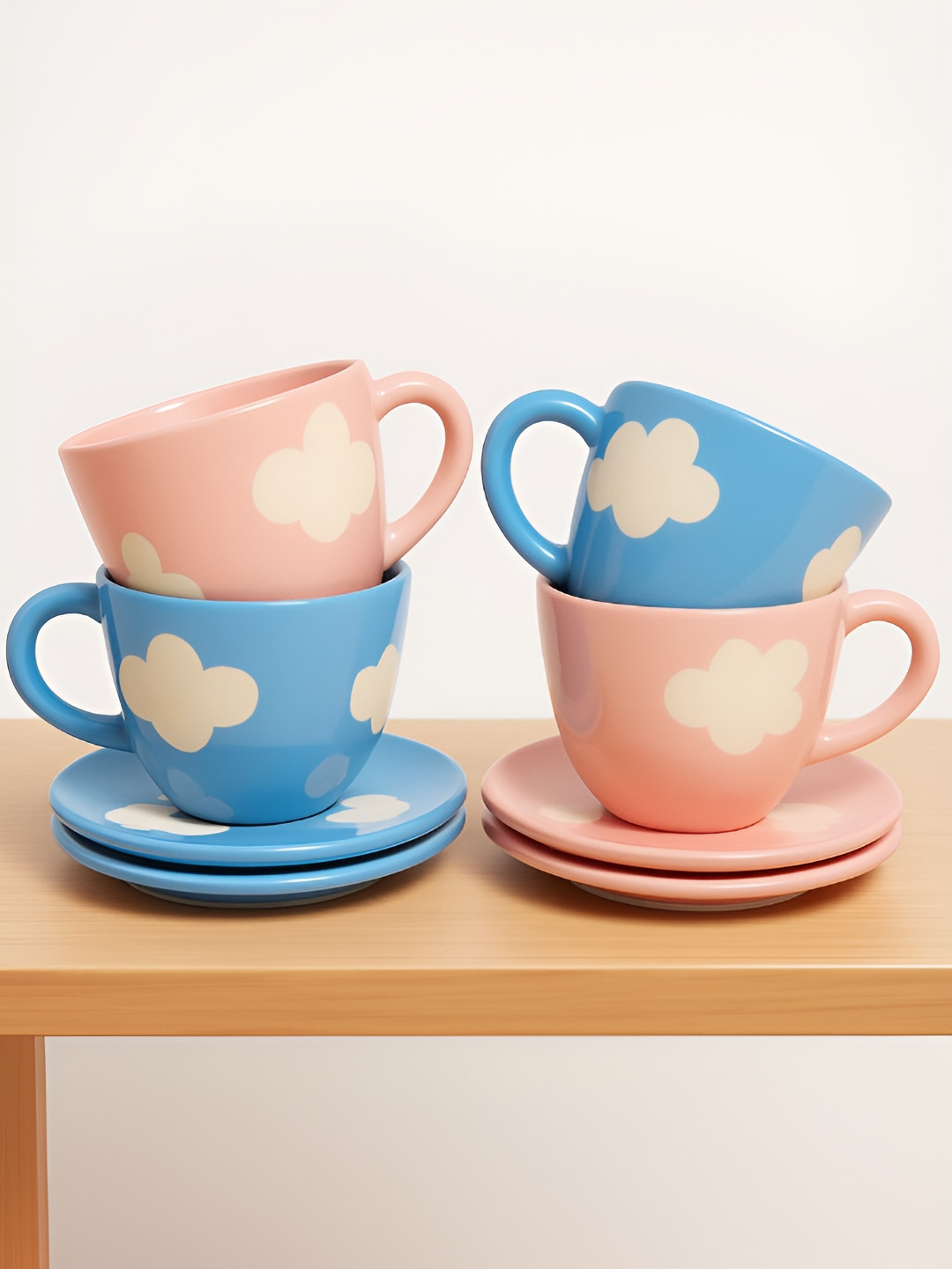 Bon Homey Blue & Pink Printed Ceramic Glossy Cups Set of Cups and Mugs