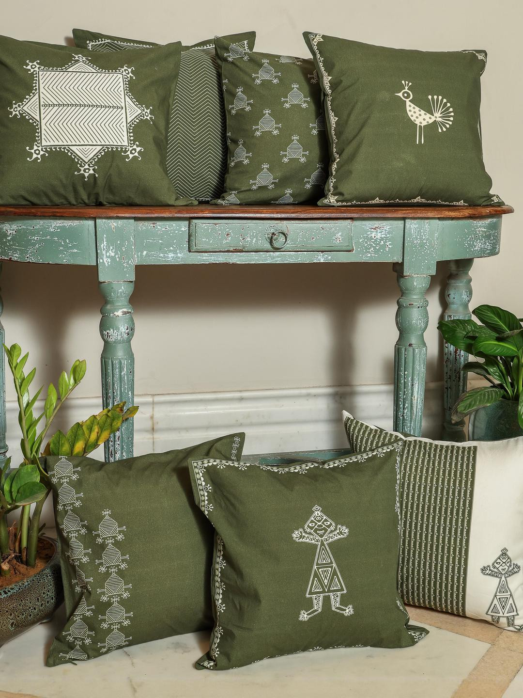 Crown of Poppies Sacred Geometry Pack of 7 Olive Rajasthani Mandana Series Cushion Covers