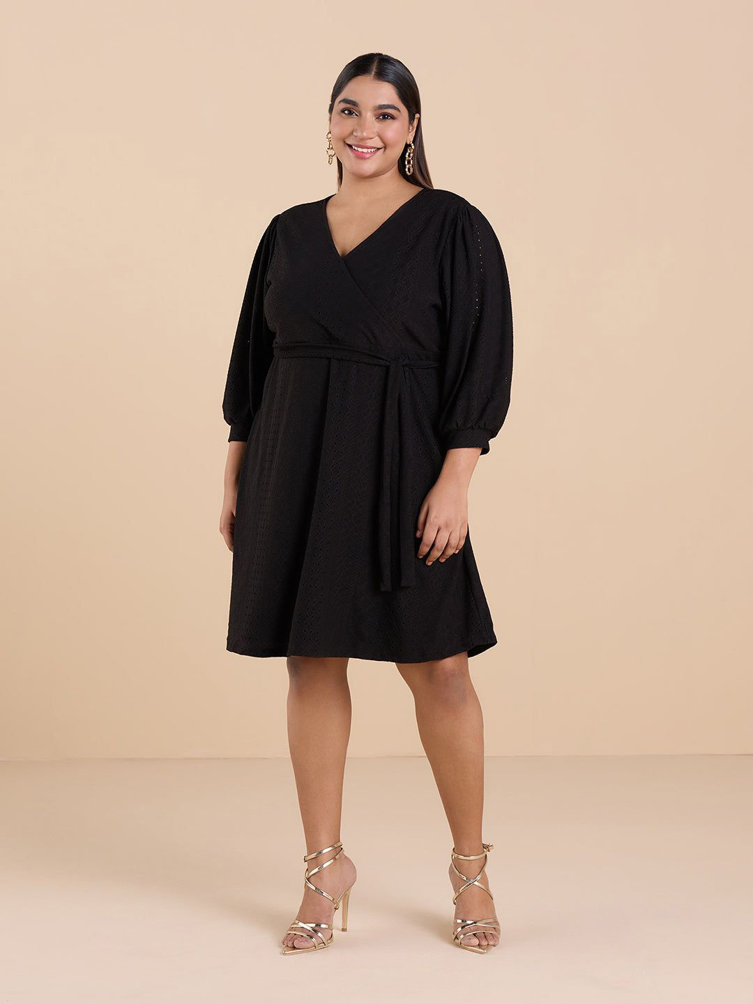 BIG HELLO Women Schiffli Puff Sleeve Wrap Dress