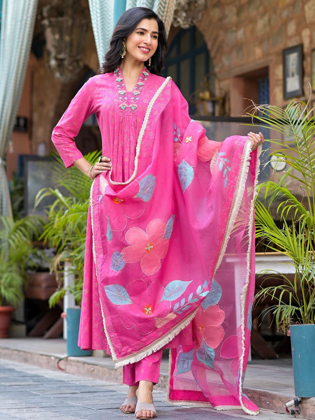 Aavanya Pink Cotton A-Line V-Neck Thread Work Kurta & Trouser With Dupatta