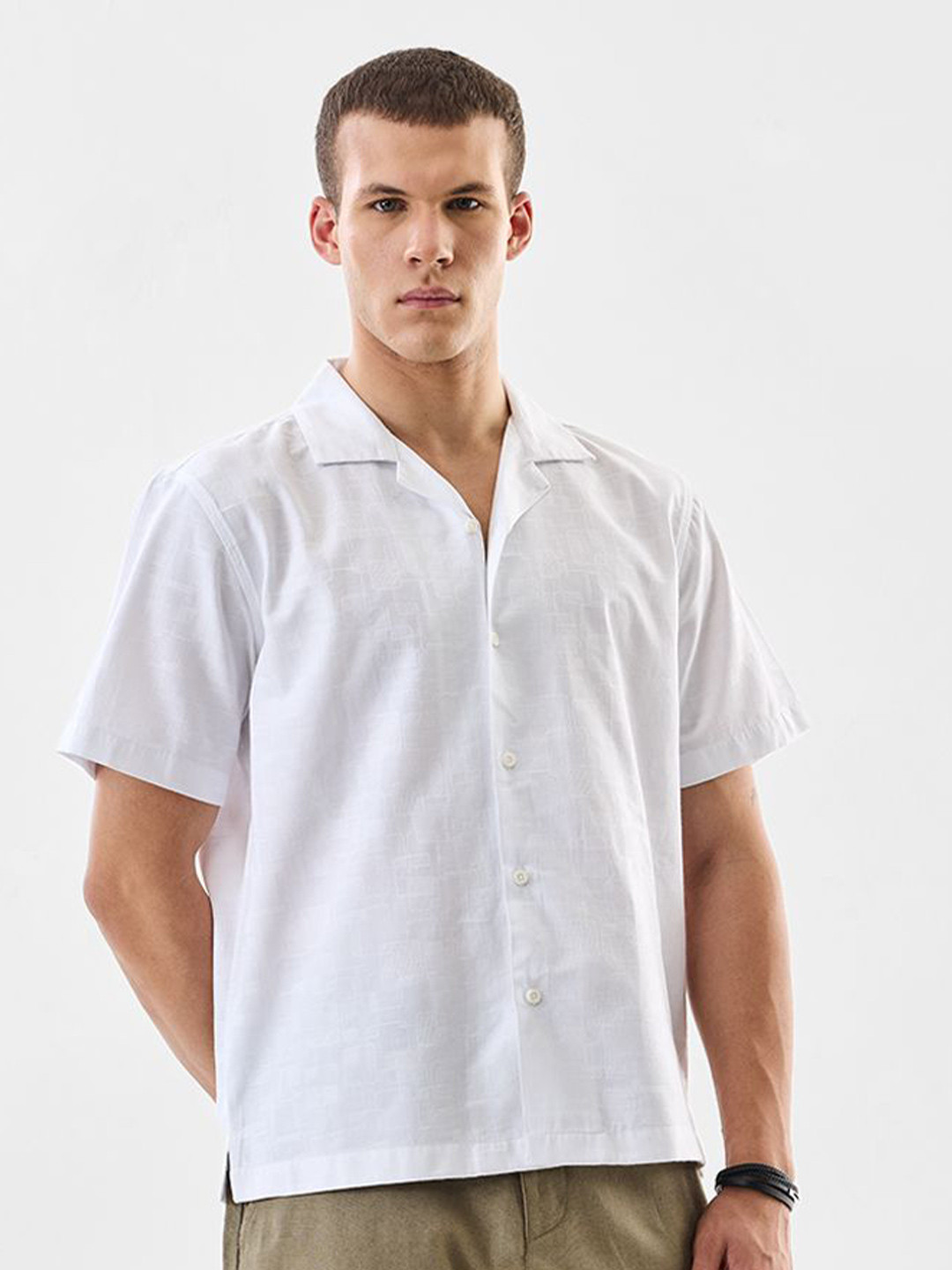 Snitch Boxy Fit Self Design Short Sleeves Cuban Collar Shirt