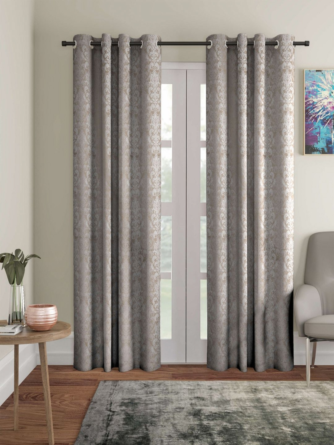STITCHNEST Champagne 2 Pieces Floral Printed Jacquard Black Out Door Curtains