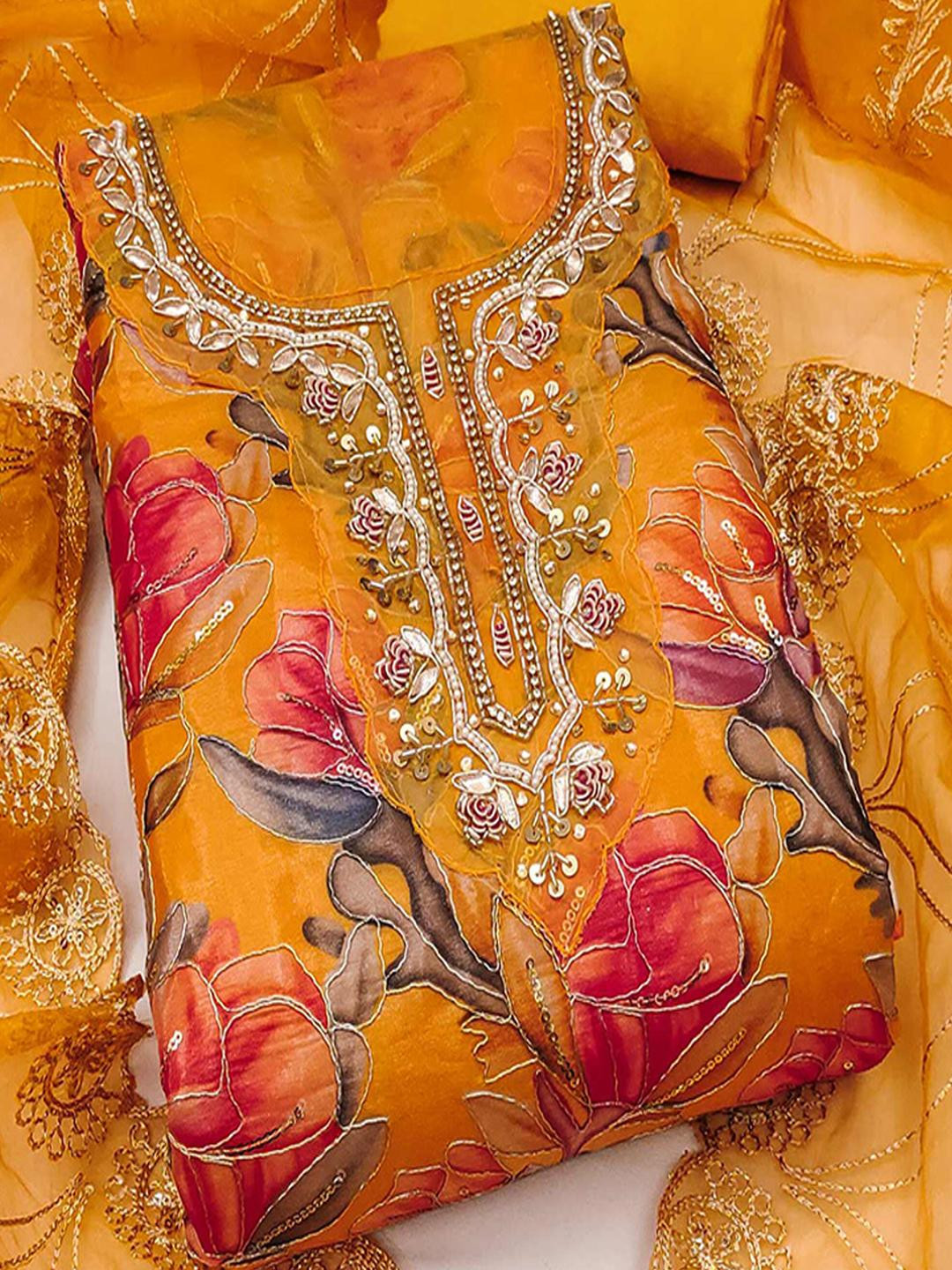 Women's Mustard Floral Printed Sequins & Moti Handwork Organza Unstitched Dress Material