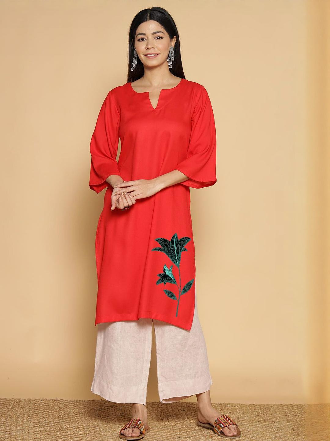 LetsDressUp Rachita Floral Embroidred Round Neck Three-Quarter Sleeves Kurta