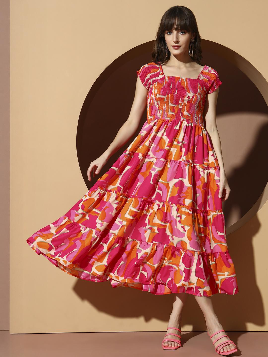 LookShine Women Floral Print Cold-Shoulder A-Line Midi Dress