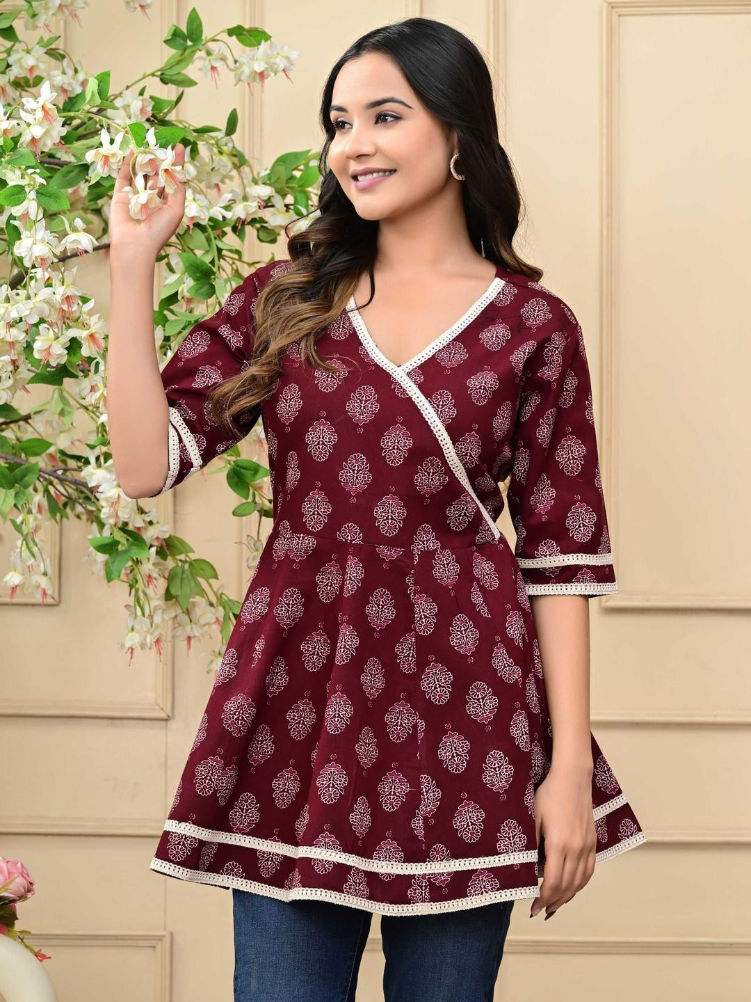 aayusika Women Floral Print Block Printed Cotton Wrap Top