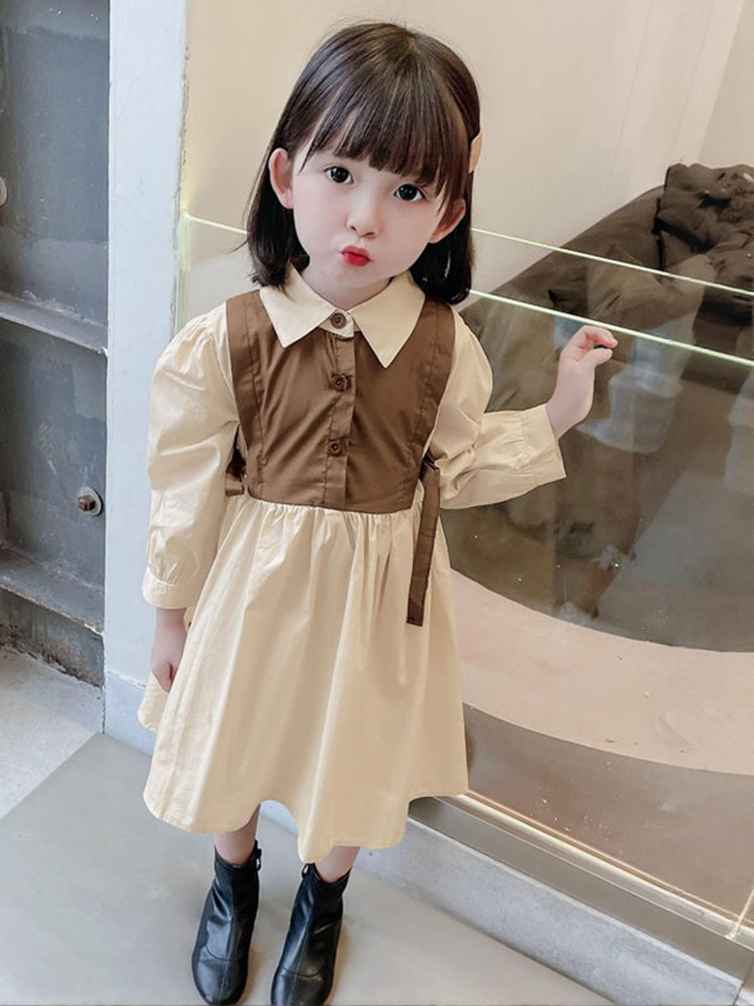 LULU & SKY Girls Colourblocked Tie-Up Neck Shirt Collar Bell Sleeve Fit & Flare Dress
