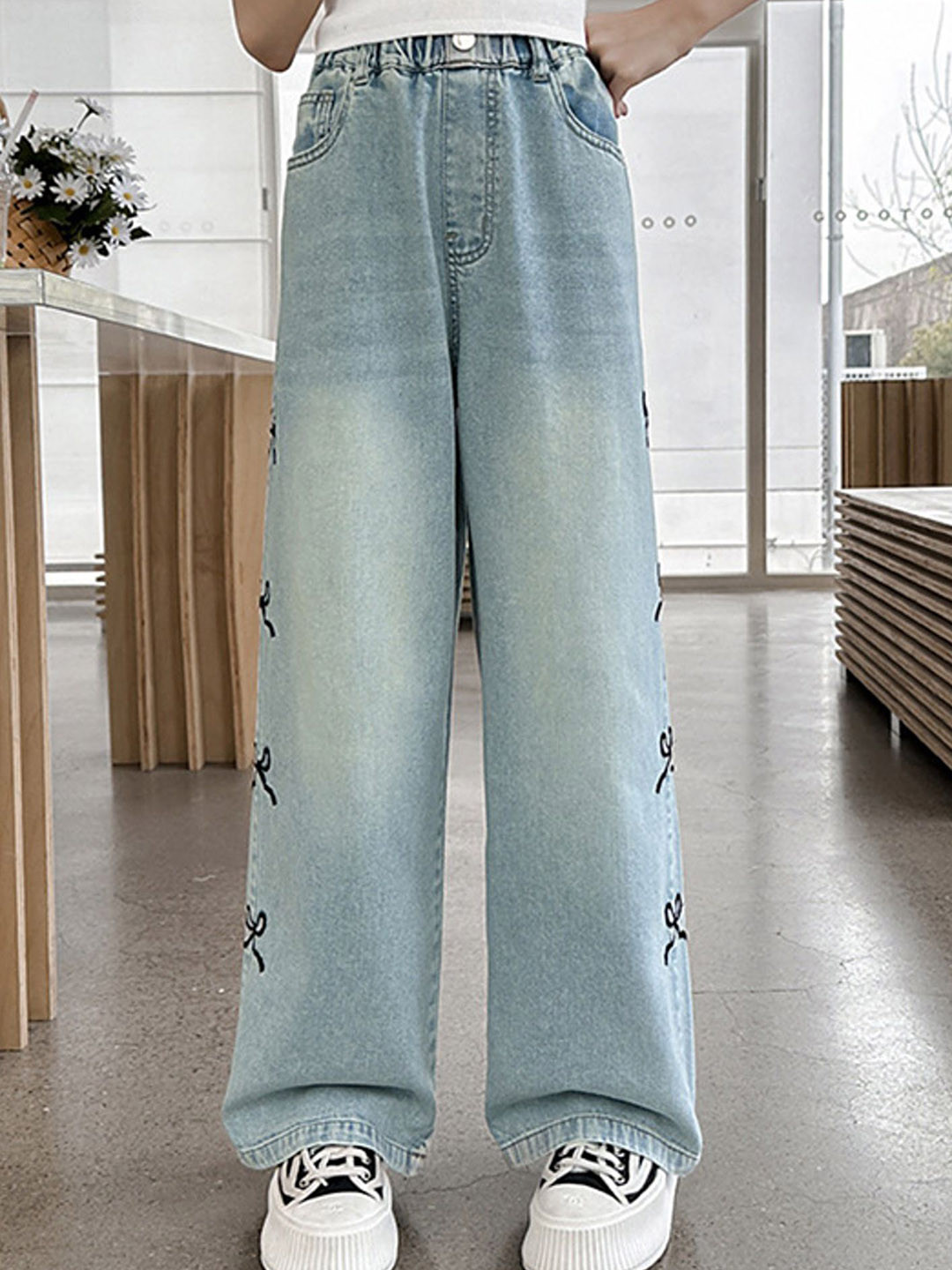 LULU & SKY Girls Wide Leg High-Rise Mildly Distressed Heavy Fade Washed Jeans