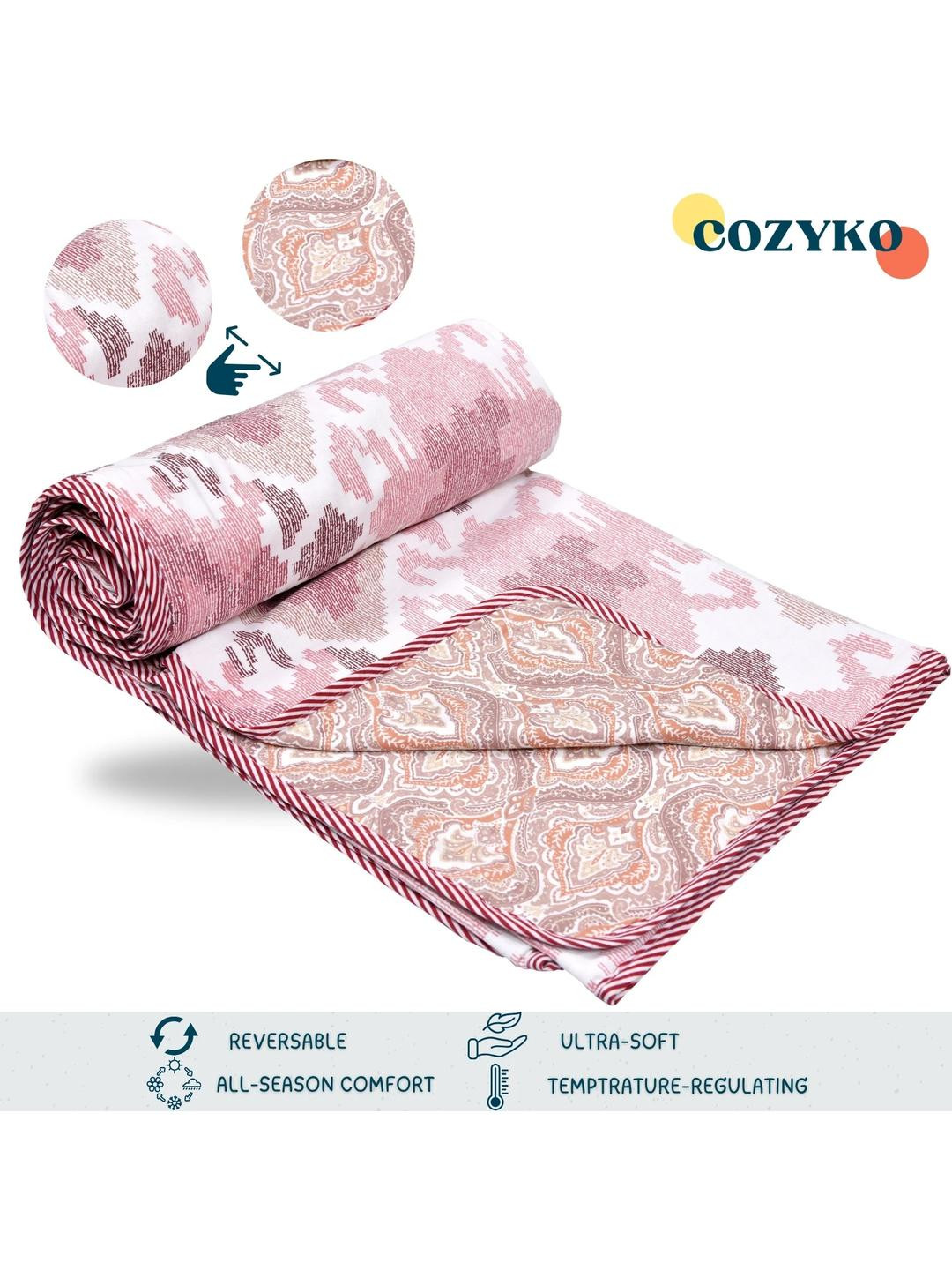 COZYKO Rust Printed AC Room 210 GSM Cotton Reversible Double Bed Dohar