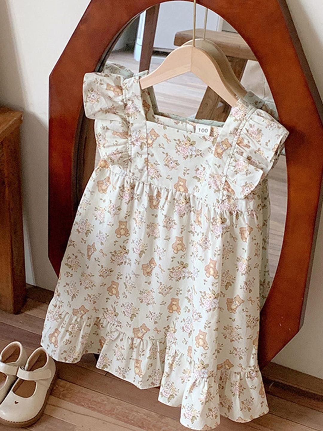 LULU & SKY Girls Floral & Novelty Printed Square Neck Pure Cotton Fit and Flare Dress
