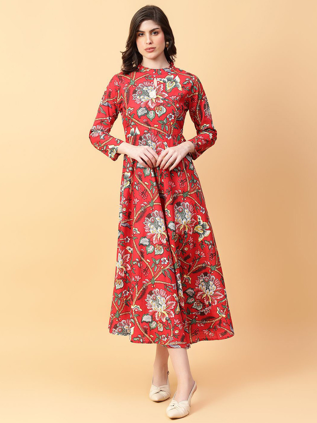 HERE&NOW Printed & Hand Work Cotton Fit & Flared Ethnic Dresses