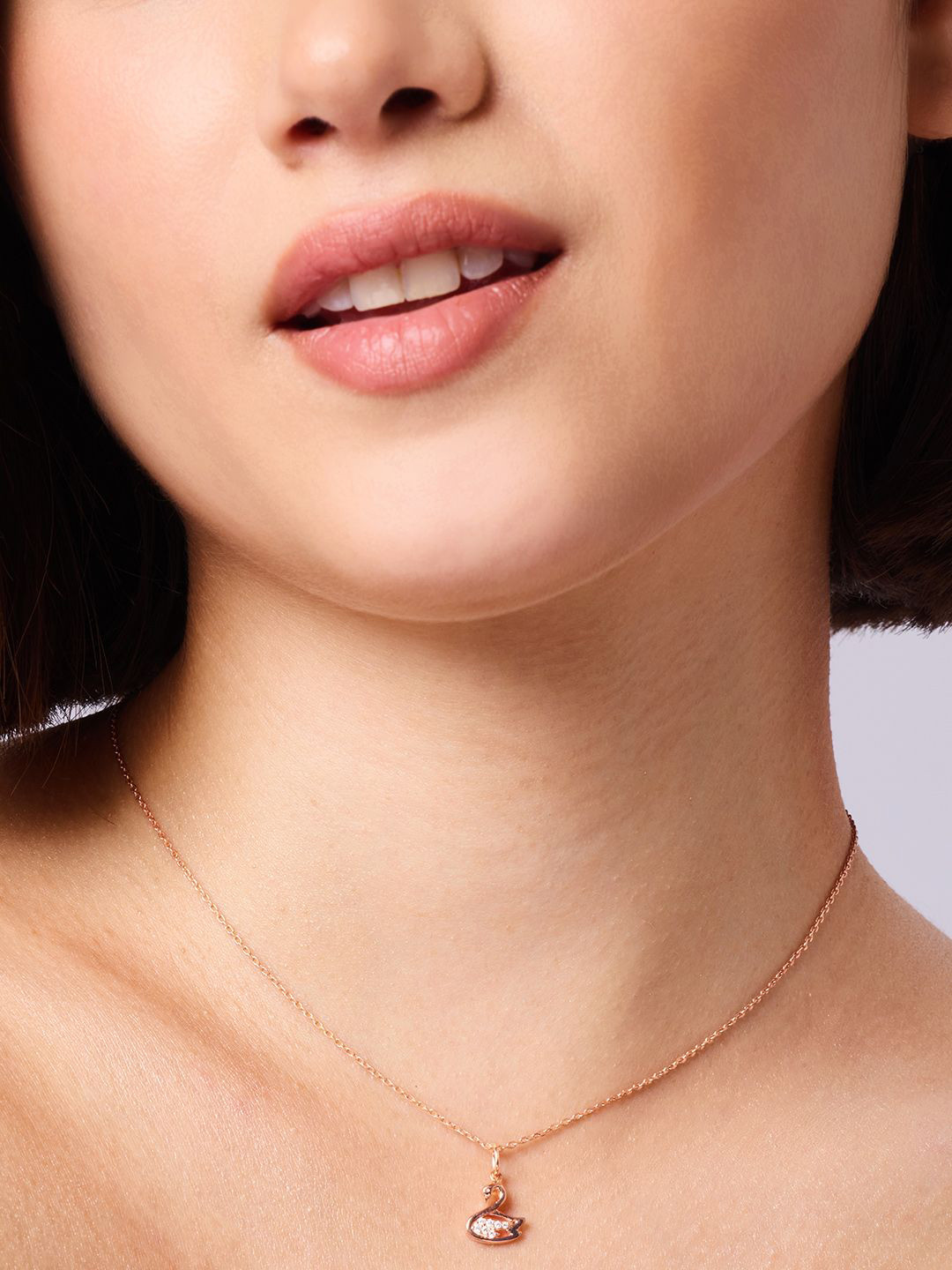 Ishin 925 Silver Rose Gold-Plated Zirconia Studded Swan Shaped Pendant With Chain