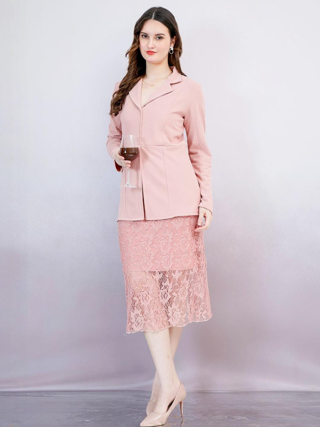 Shally Bhasin by Athena Women Shirt Collar Lace Blazer Midi Dress