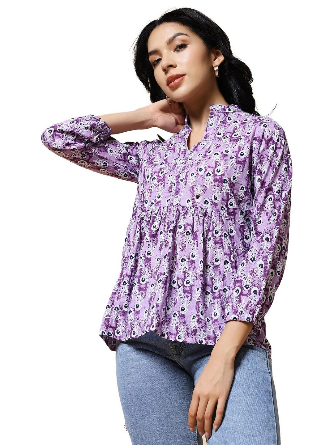 Purple Abstract Print High Neck Bishop Sleeves Cotton Top