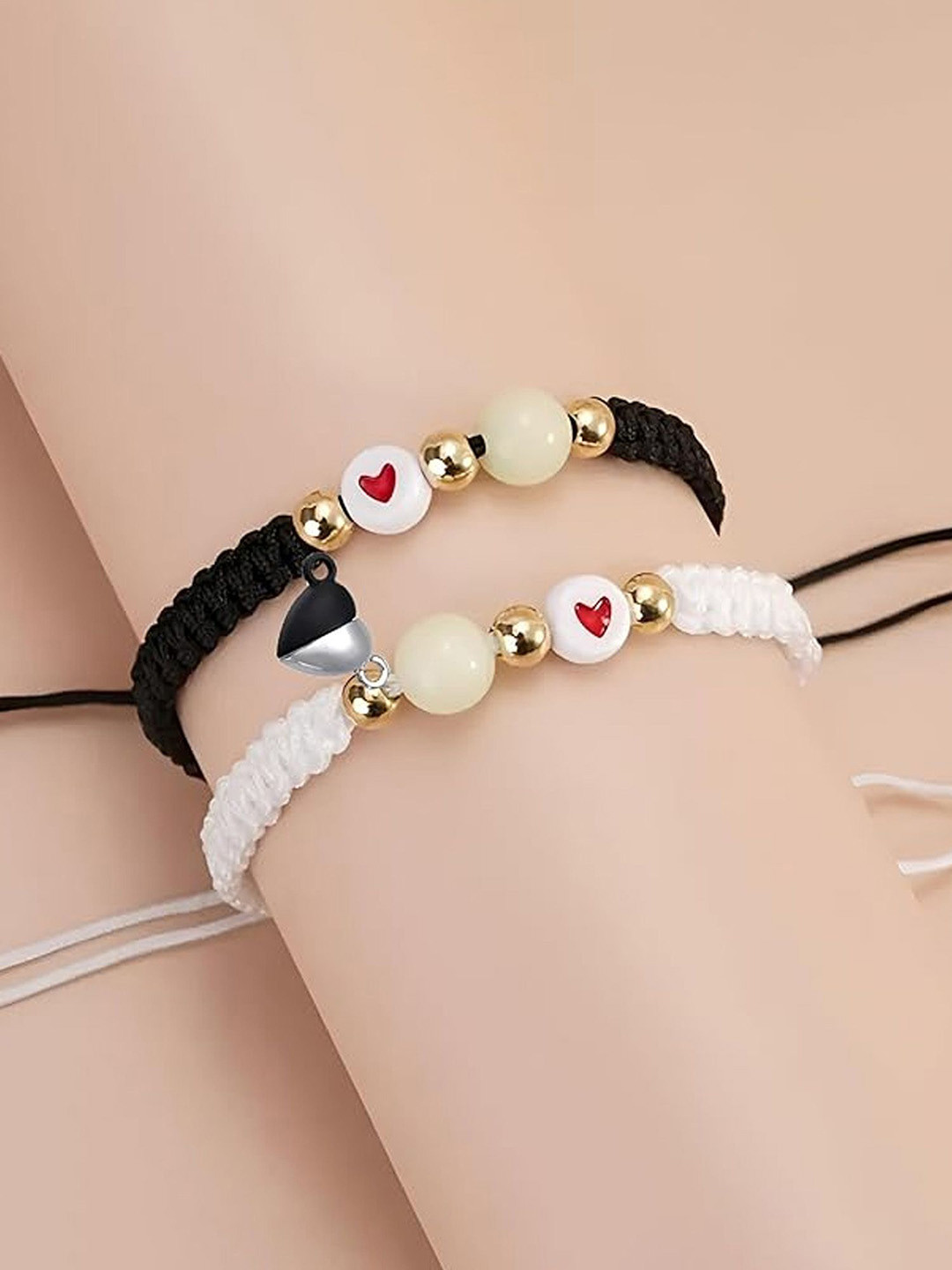 Adwitiya Collection Unisex Silver-Plated Beaded Couple Heart Matching Adjustable Bracelets