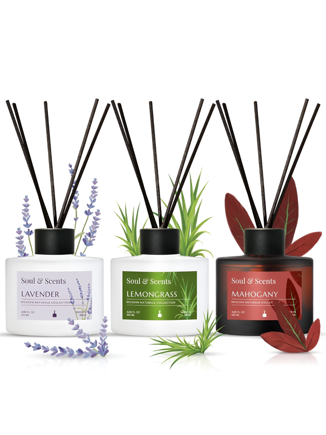 SOUL & SCENTS 3-Pcs White & Green Reed Aroma Oil Diffuser & Sticks120mlEach