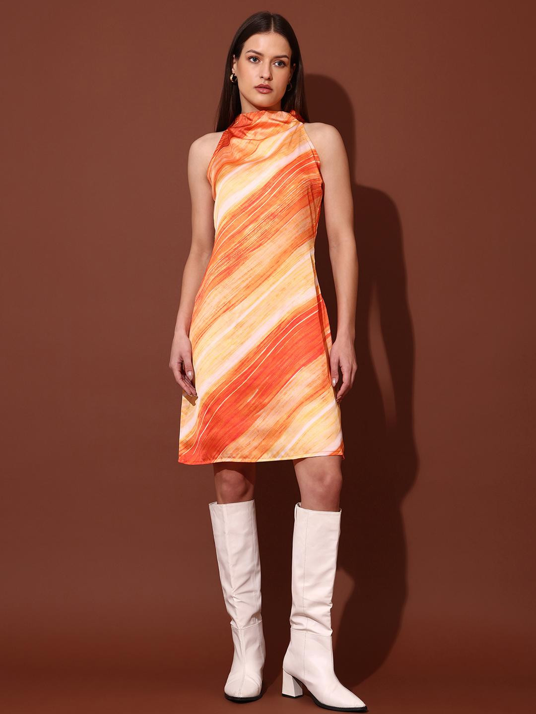 MILOST Women Print Satin A-Line Halter Neck Mini Dress