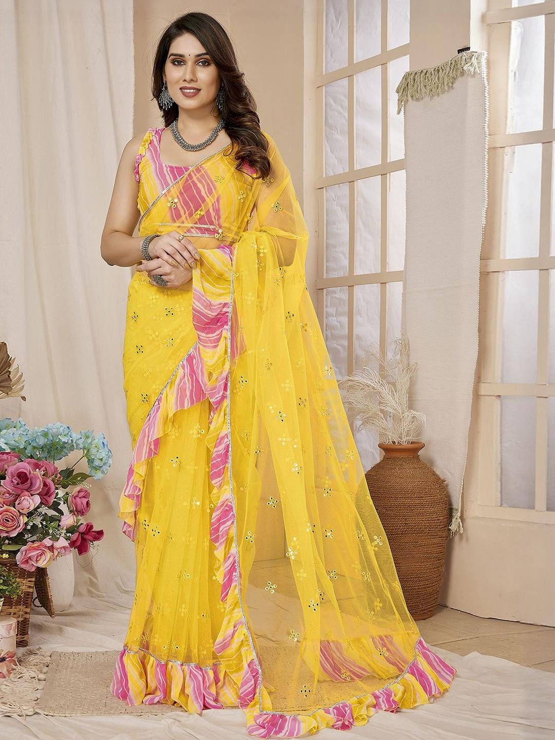 KALINI Embellished Mirror Work Net Ruffle Saree with Blouse Piece