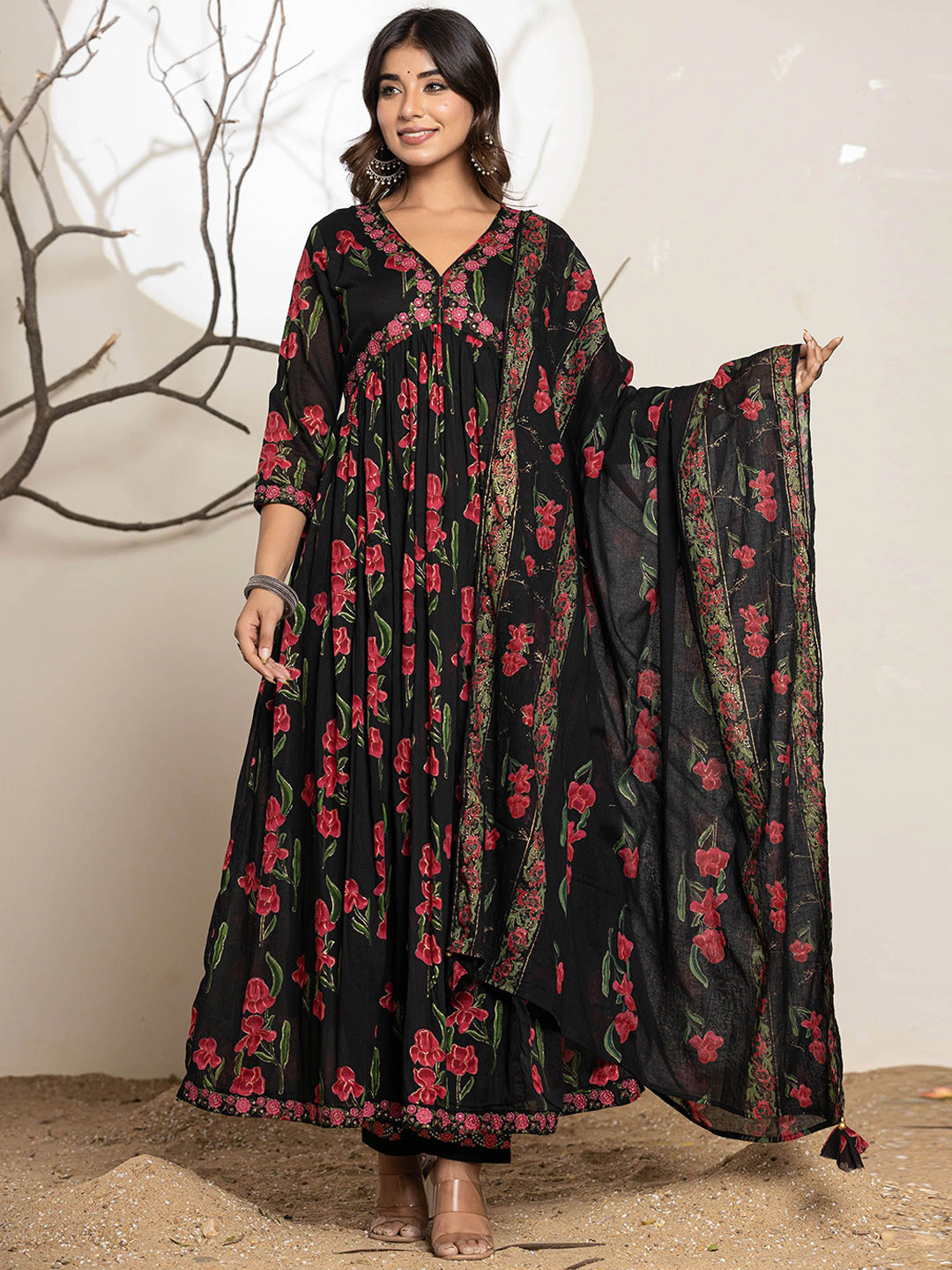 CHETI Floral Printed Empire Anarkali Thread Work Voile Kurta With Trousers & Dupatta