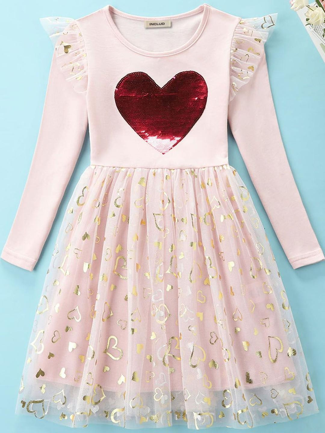 INCLUD Girls Heart Printed Mermaid Sequin Detailed Fit & Flare Dress