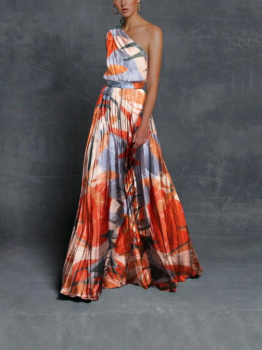 StyleCast Women Floral Print One Shoulder Pleated Maxi Dress
