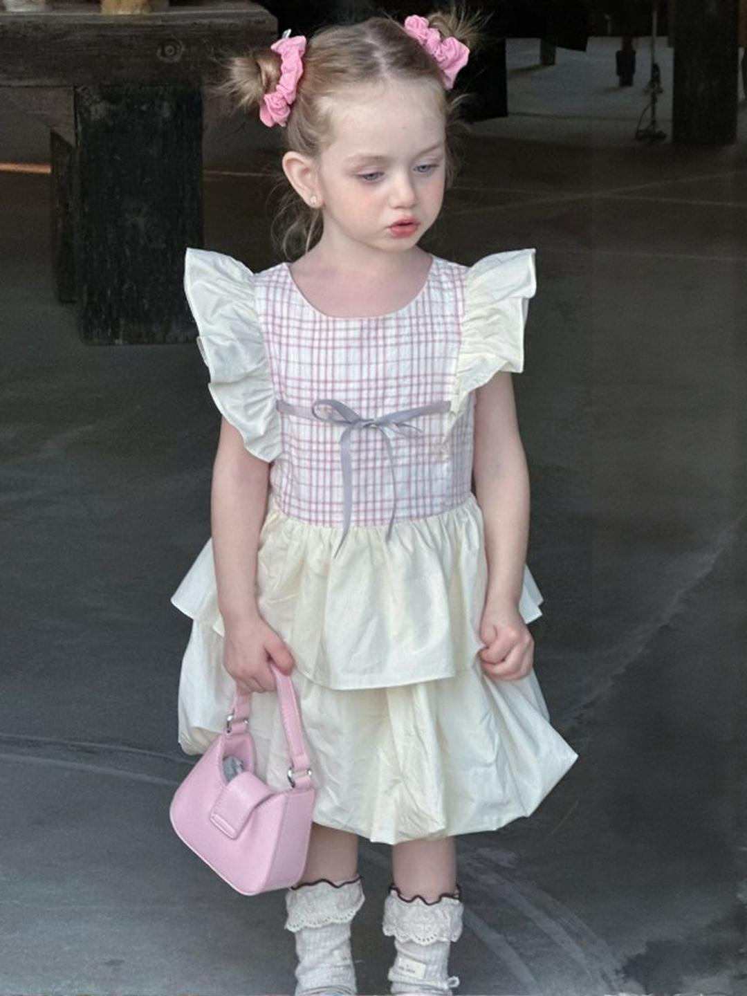 LULU & SKY Girls Checked Flutter Sleves Bodice Layered- Fit And Flare Dress