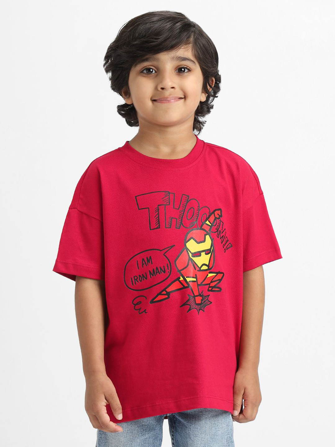 Nauti Nati Boys Iron Man Printed Drop-Shoulder Sleeves Cotton T-shirt
