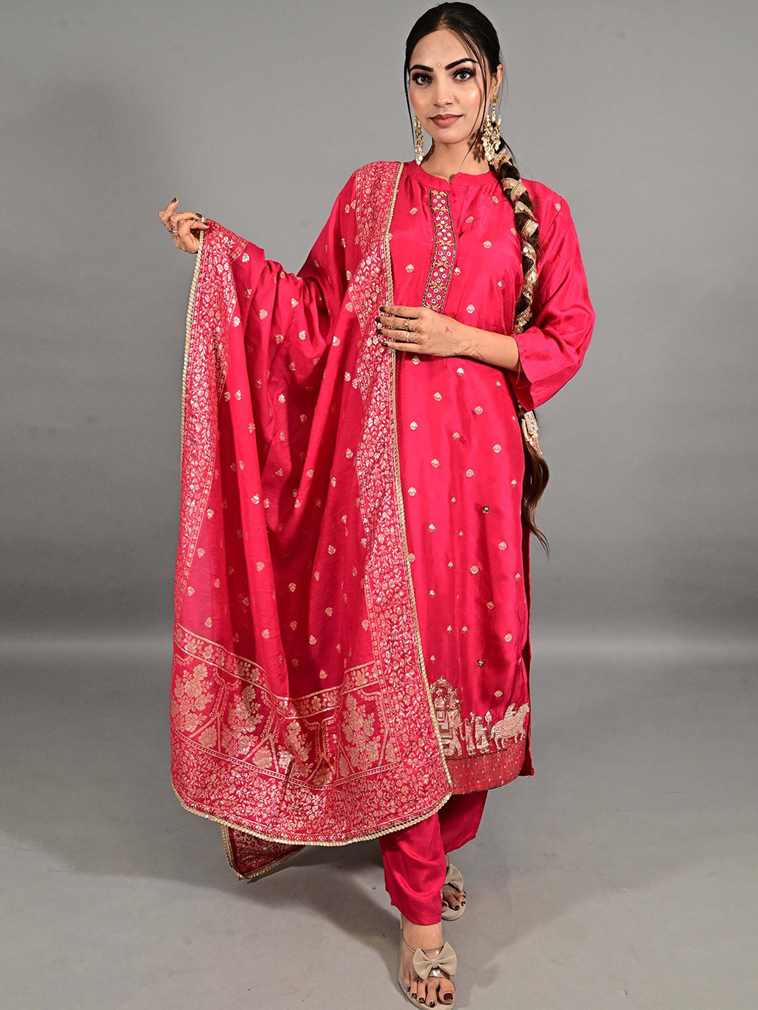 THE BEHRUZ THEORY Ethnic Motifs Embroidered Zari Banarasi Silk Kurta With Salwar & Dupatta