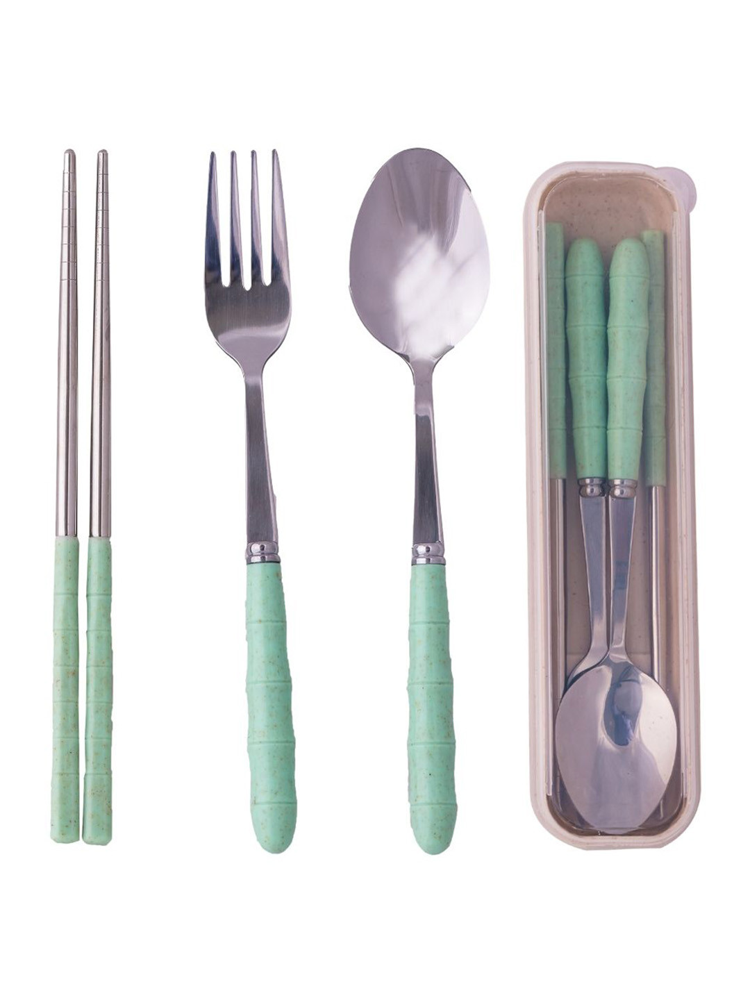 Adore Kids 3 Pcs Green Stainless Steel Textured Portable Cutlery Set With Storage Case