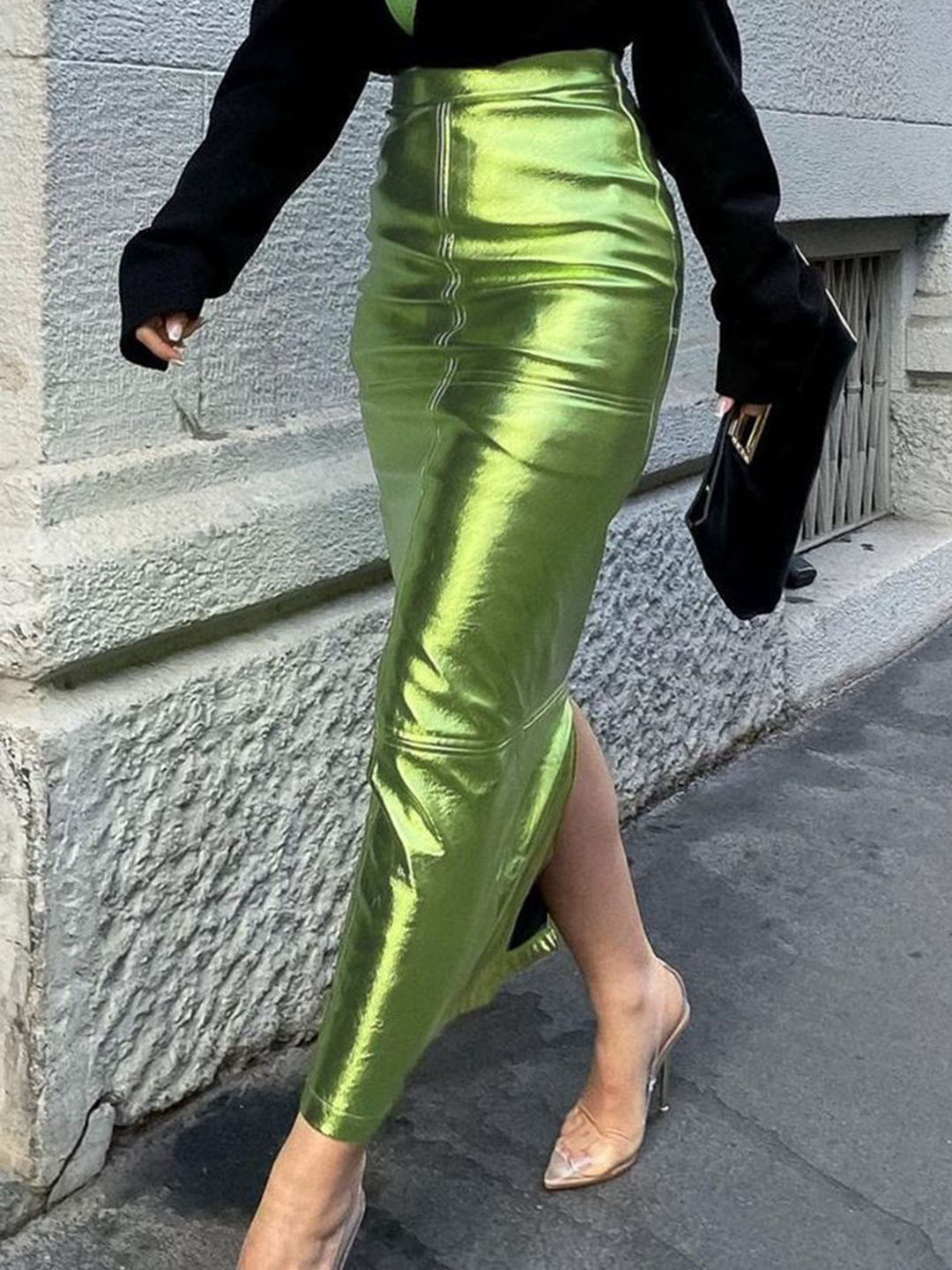Green Metallic High-Rise Slit A-Line Maxi Skirt