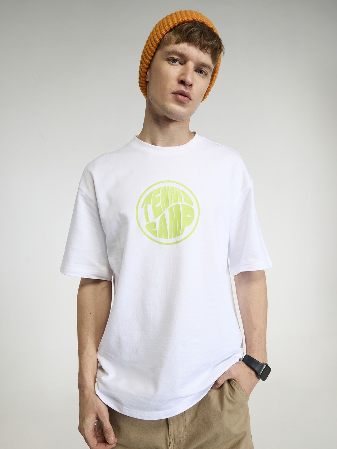 CAVA Men White Tenniscore Oversized Printed Cotton Tee