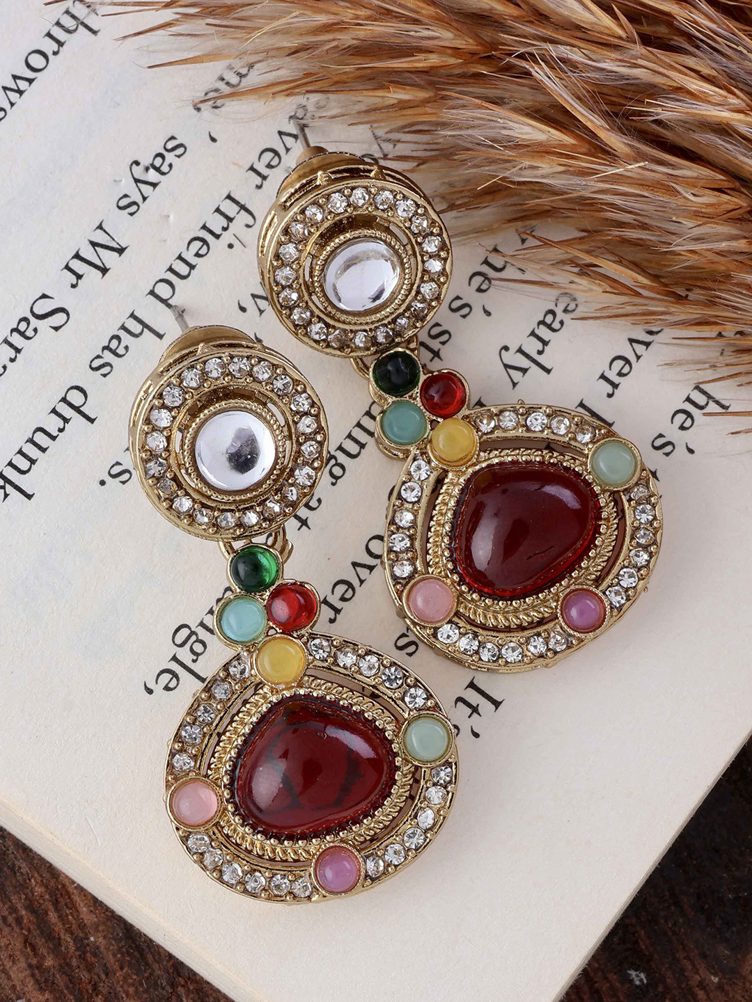SHONA'S STYLE Brass-Plated Zircon Studded Circular Shaped Drop Earrings