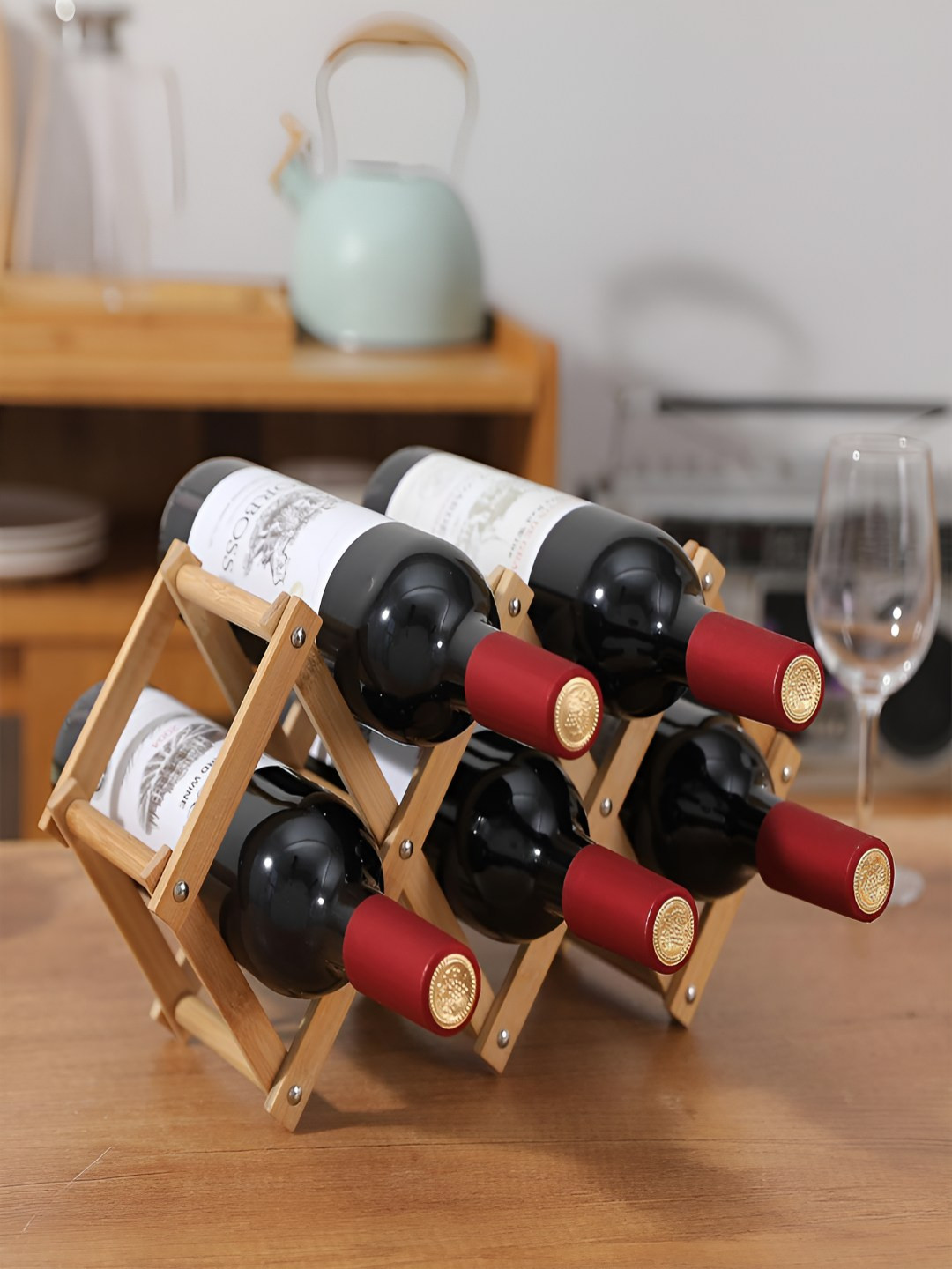 HOKIPO Beige Bamboo Table Top 5 Bottle Wine Racks