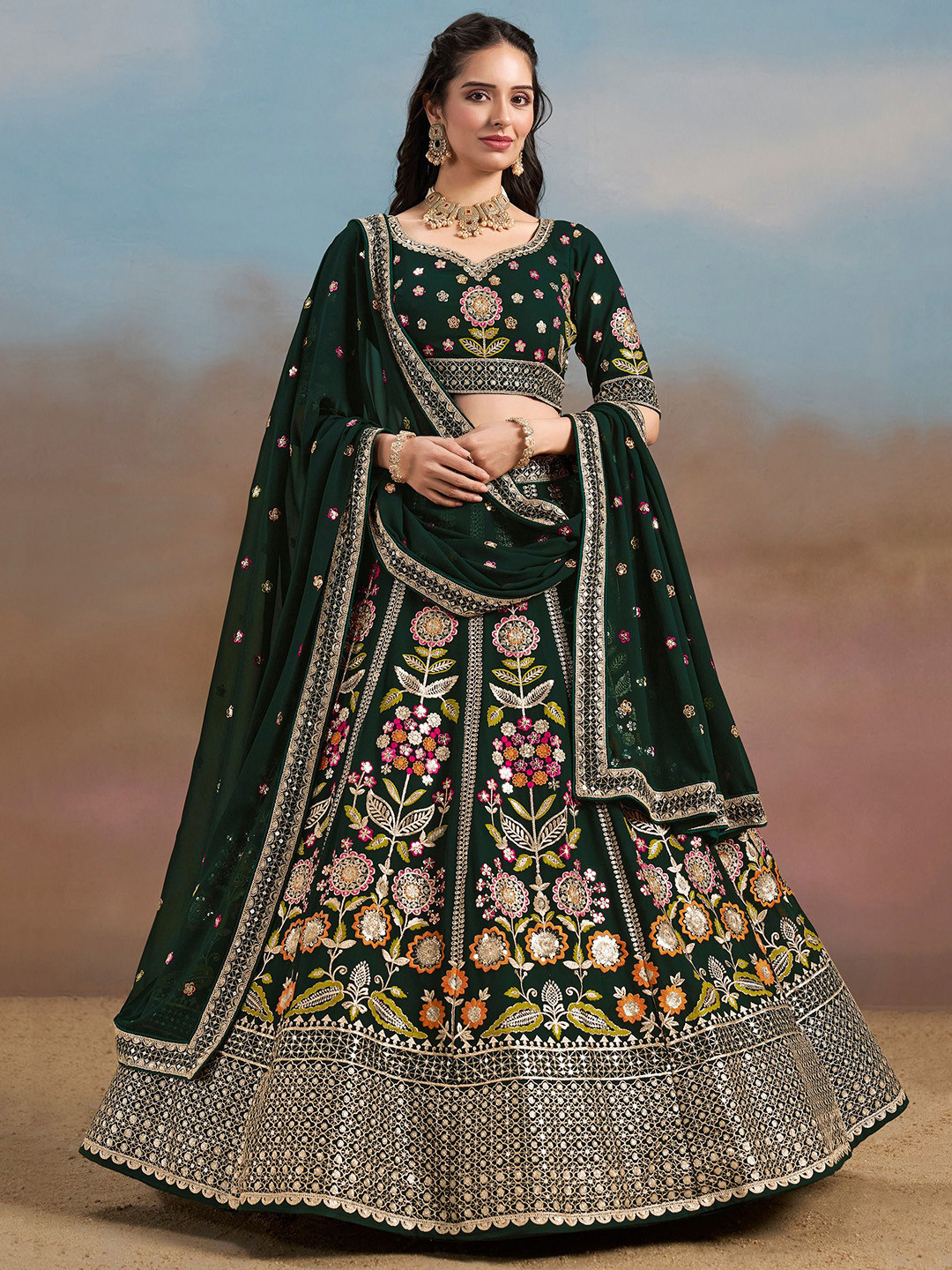 ETHNIC PLUS Embroidered Sequinned Semi-Stitched Georgette Panelled Lehenga & Blouse With Dupatta