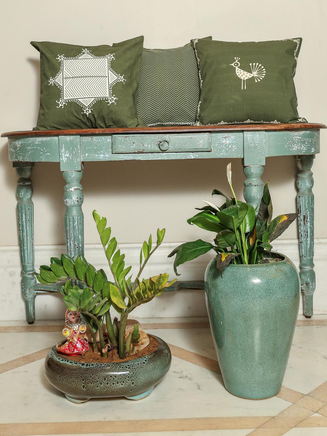 Crown of Poppies Sacred Geometry Pack of 3 Olive Rajasthani Mandana Series Cushion Covers