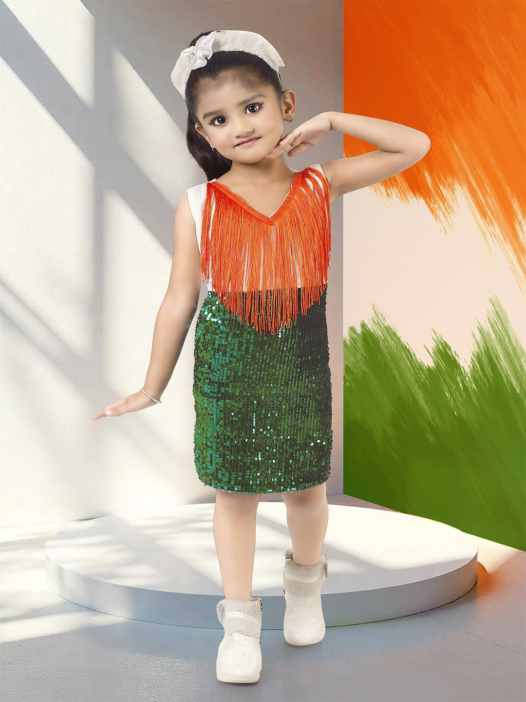 KAARIGARI Girls Sequinned Tiranga Color Bodycon Dress with Fringed details