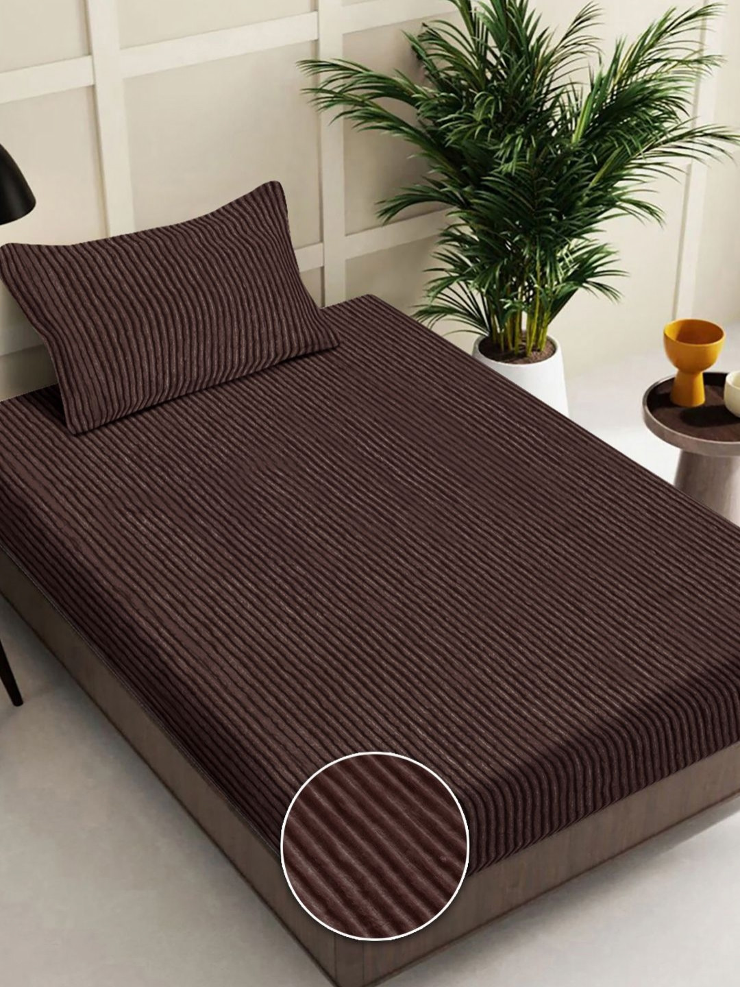 Myntra Elegant Homes Coffee Brown Striped Single Bedsheet with 1 Pillow Covers